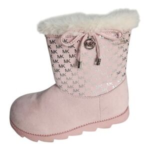 Michael Kors Payson Winter Boots Kids Sz 13 Pink Faux Fur Monogram Stylish Cozy